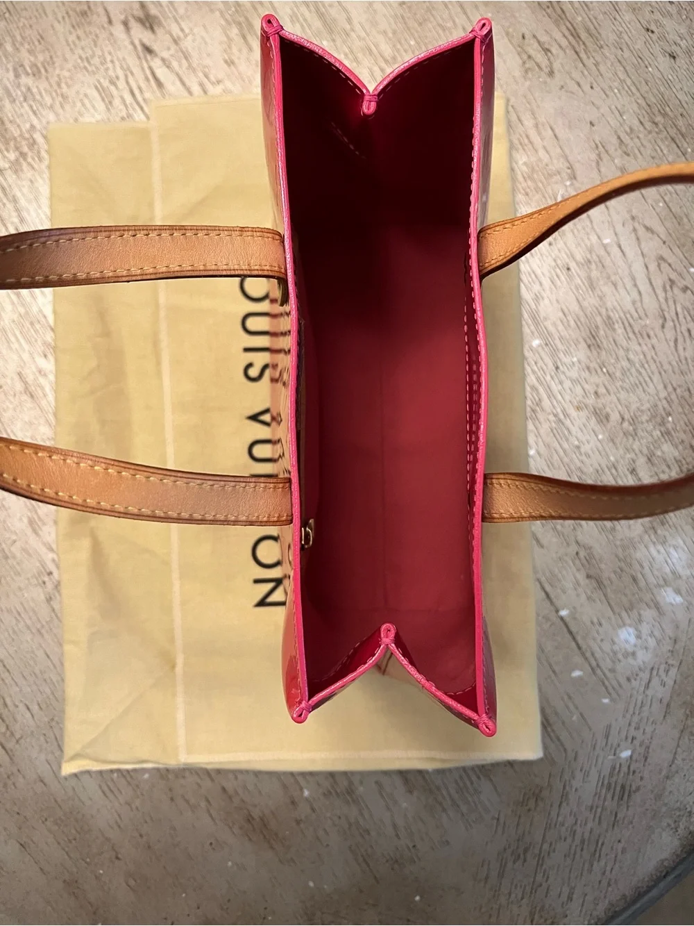 Louis Vuitton Patent Vernis Tote in Glossy Pink with Tan Handles
